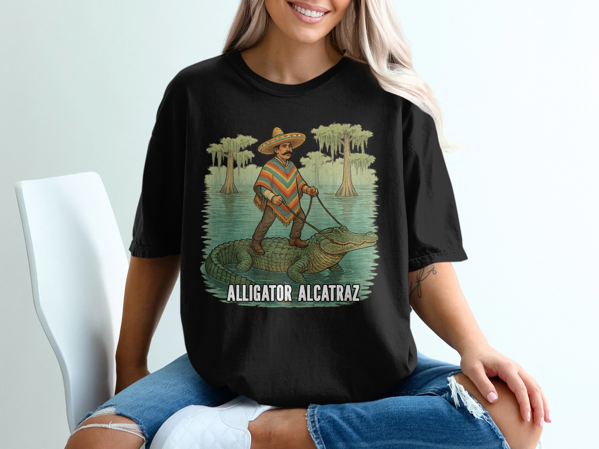 Alligator Alcatraz T-Shirt, Mexican Rider Funny Tee, Novelty Graphic Shirt, Cool Reptile Print, Unique Design, Men Women T-Shirt - Image 2
