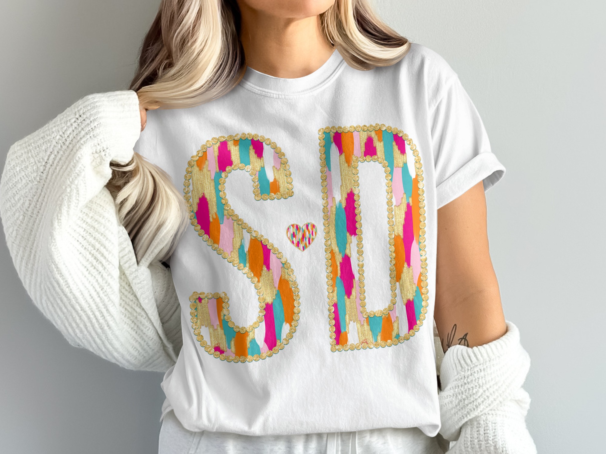 SD Initial T-Shirt, Comfort Colors 1717 Tee, Custom Initials T-Shirt, Gold Accent Letters Shirt, Personalized SD Heart Graphic Top