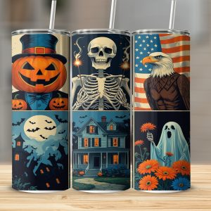 Halloween 20oz Tumbler Wrap,Digital Download,Patriotic Eagle Sublimation Design,Haunted House,Pumpkins,Ghost Tumbler Design,Spooky Skeletons