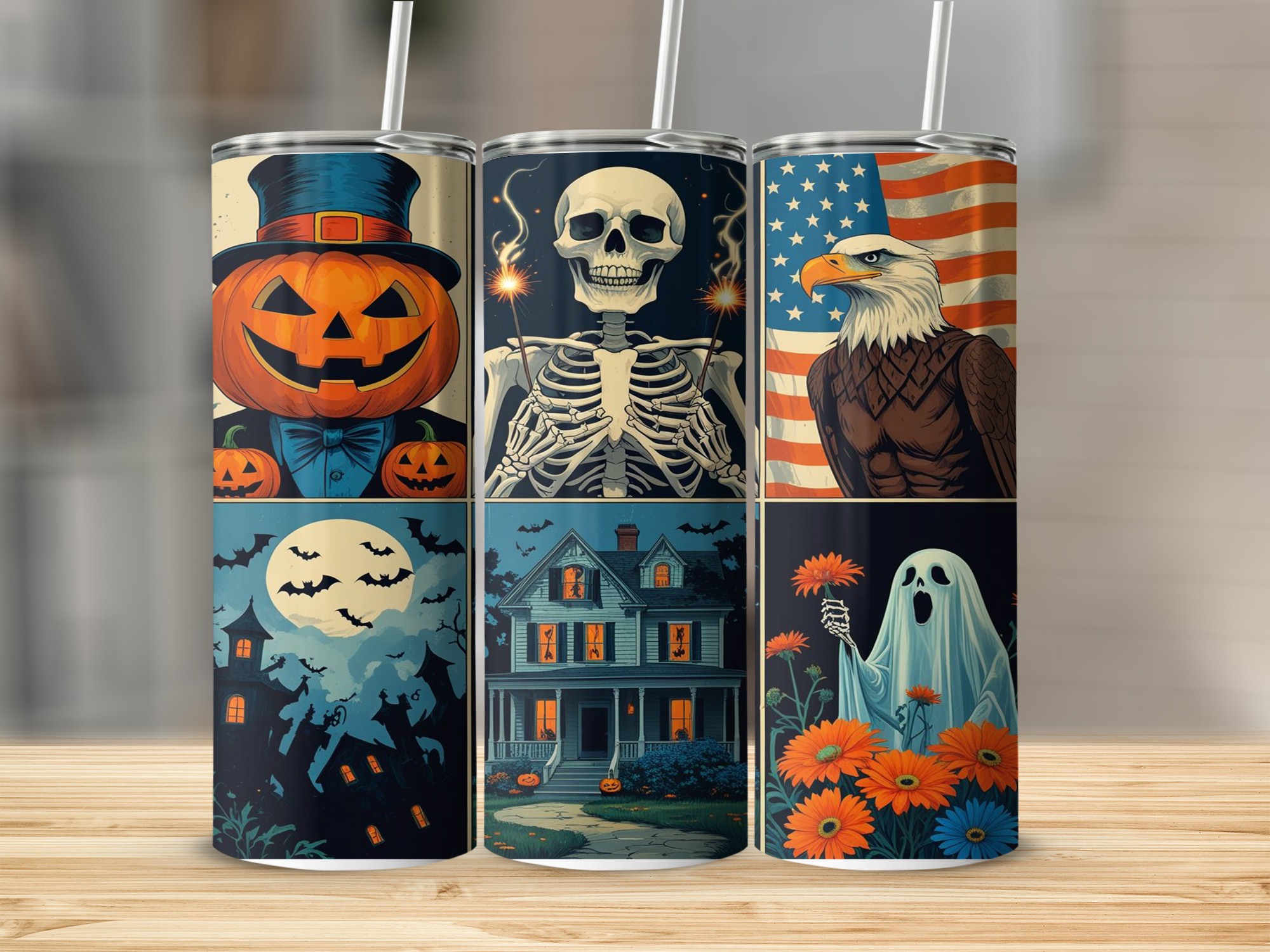 Halloween 20oz Tumbler Wrap,Digital Download,Patriotic Eagle Sublimation Design,Haunted House,Pumpkins,Ghost Tumbler Design,Spooky Skeletons