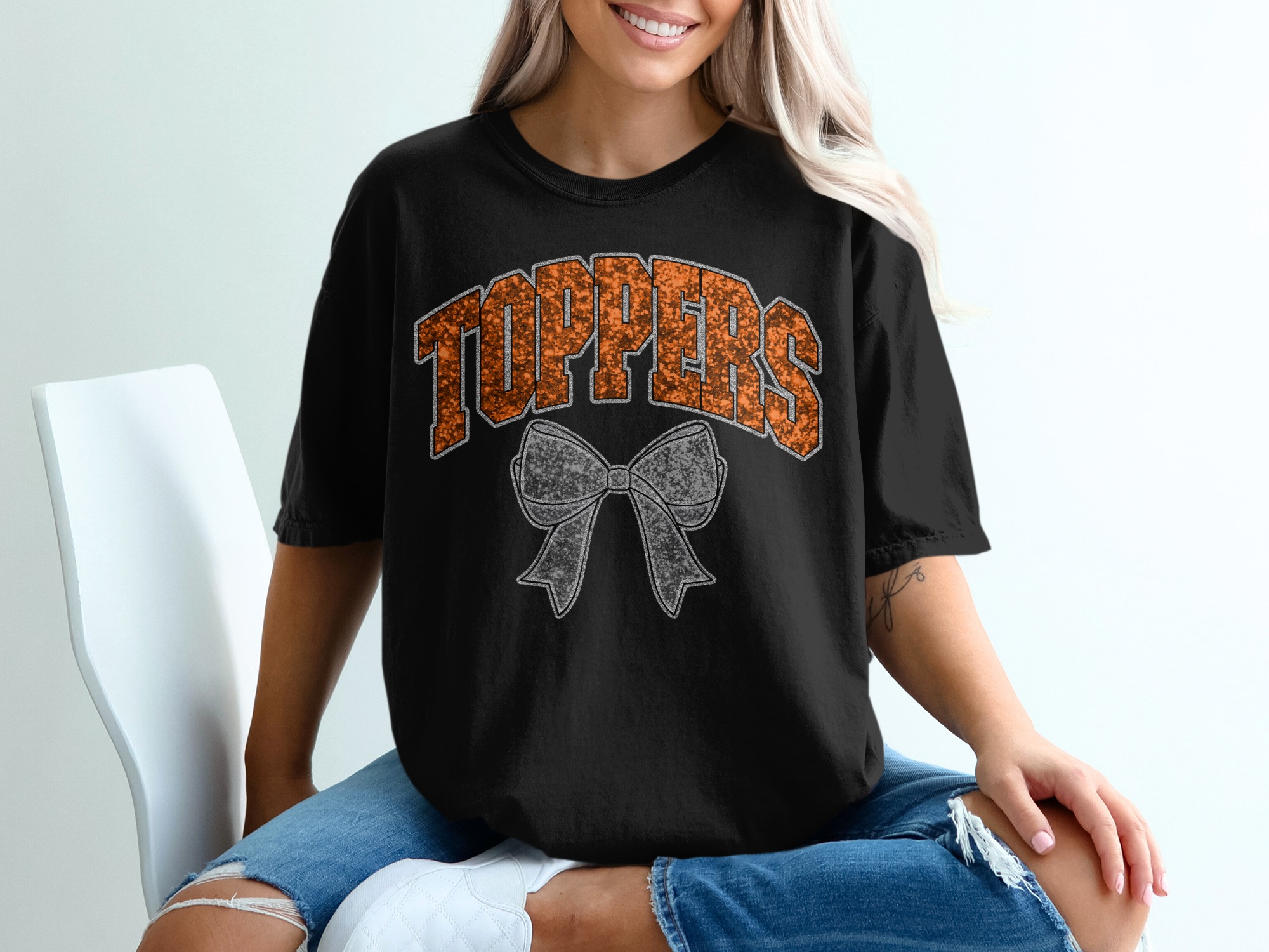 Toppers Bow T-Shirt, School Spirit Tee, Team Pride Shirt, Fan Apparel, Sparkle Design, Custom T-Shirt, Unique Gift Idea - Image 2