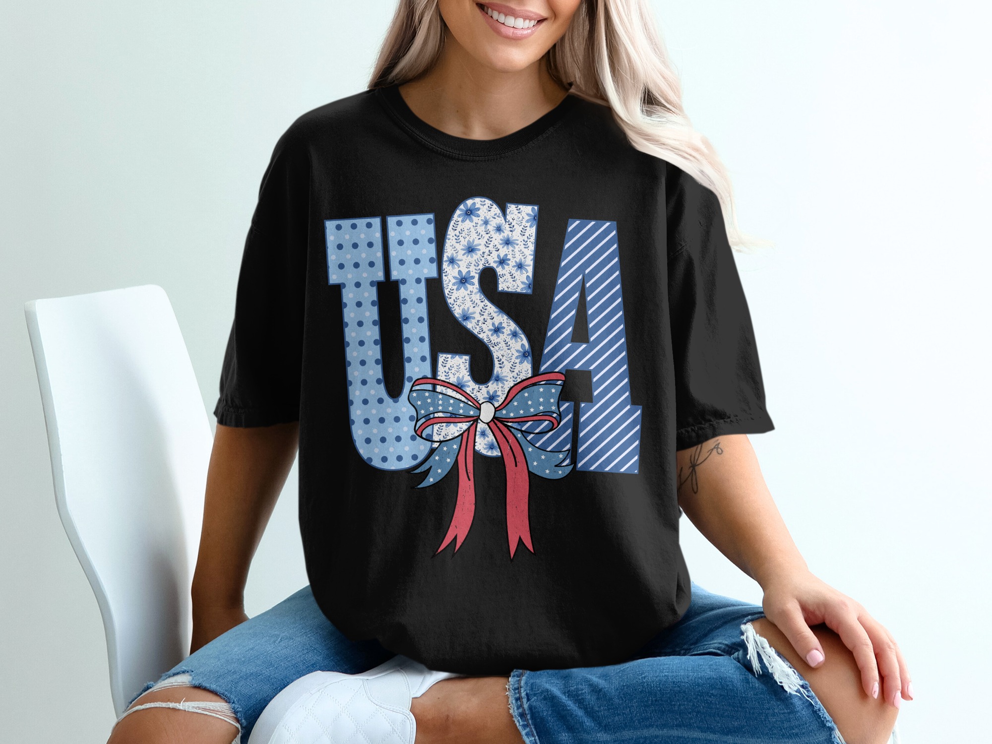 USA Patriotic T-Shirt, Cute Bow Tee, American Flag Shirt, Independence Day Outfit, July 4th Top, Polka Dot Floral Tee, Patriotic Gift - Image 2