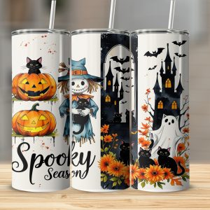 Halloween Tumbler Wrap, Digital Download, 20oz Sublimation, Spooky Season Design, Black Cat, Ghost, Pumpkin, Scarecrow, Fall Tumbler