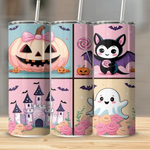 Digital Halloween Tumbler Wrap, Sublimation 20oz, Cute Pumpkin Bat Ghost Castle Tumbler Design, Spooky Season Digital Download