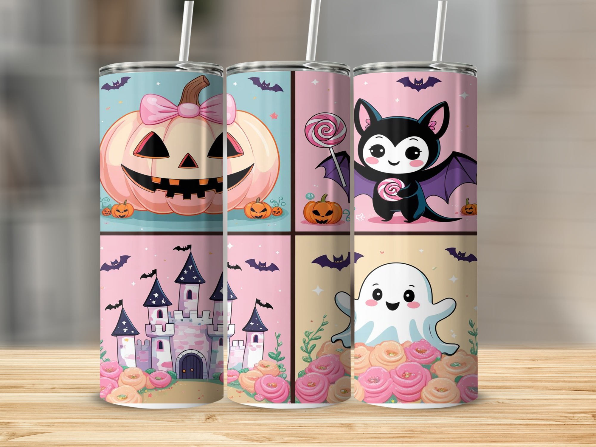 Digital Halloween Tumbler Wrap, Sublimation 20oz, Cute Pumpkin Bat Ghost Castle Tumbler Design, Spooky Season Digital Download
