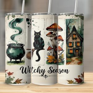 Witchy Season Digital,Sublimation 20oz Tumbler Wrap Digital Download, Cauldron,Black Cat,Mushroom House Tumbler Design,Seamless Wrap