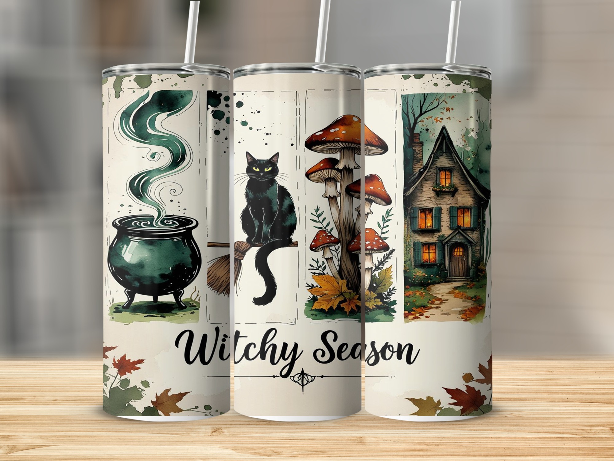 Witchy Season Digital,Sublimation 20oz Tumbler Wrap Digital Download, Cauldron,Black Cat,Mushroom House Tumbler Design,Seamless Wrap