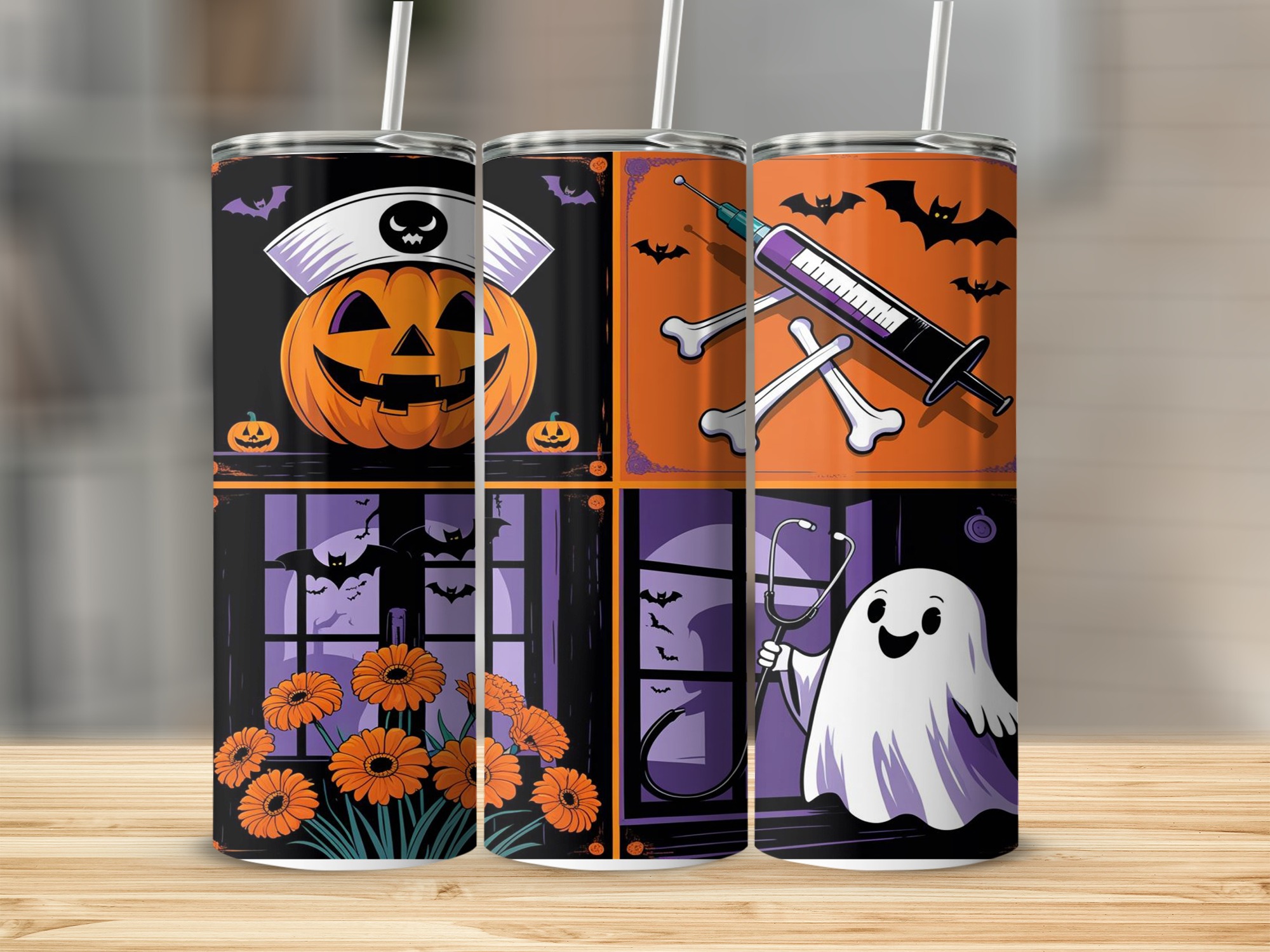 Halloween Nurse Pumpkin 20oz Tumbler Wrap, Digital Download, Spooky Ghost, PNG Sublimation Design, Medical Tumbler Design