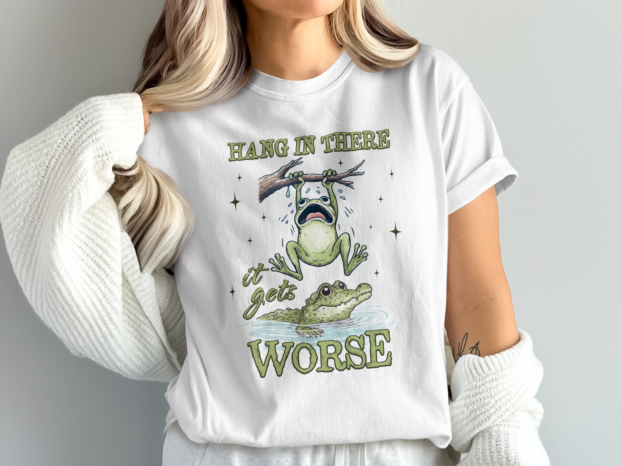 Hang In There Frog, Comfort Colors T-Shirt, Funny Crocodile Tee, It Gets Worse, Sarcastic, Humor Gift, Animal Graphic Tee