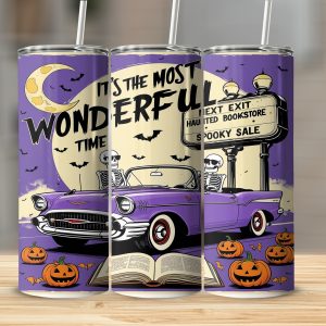 Halloween Tumbler Wrap Digital Download, Skeleton Car Sublimation Design, Spooky Season Tumbler, Haunted Book Store, Instant Download PNG