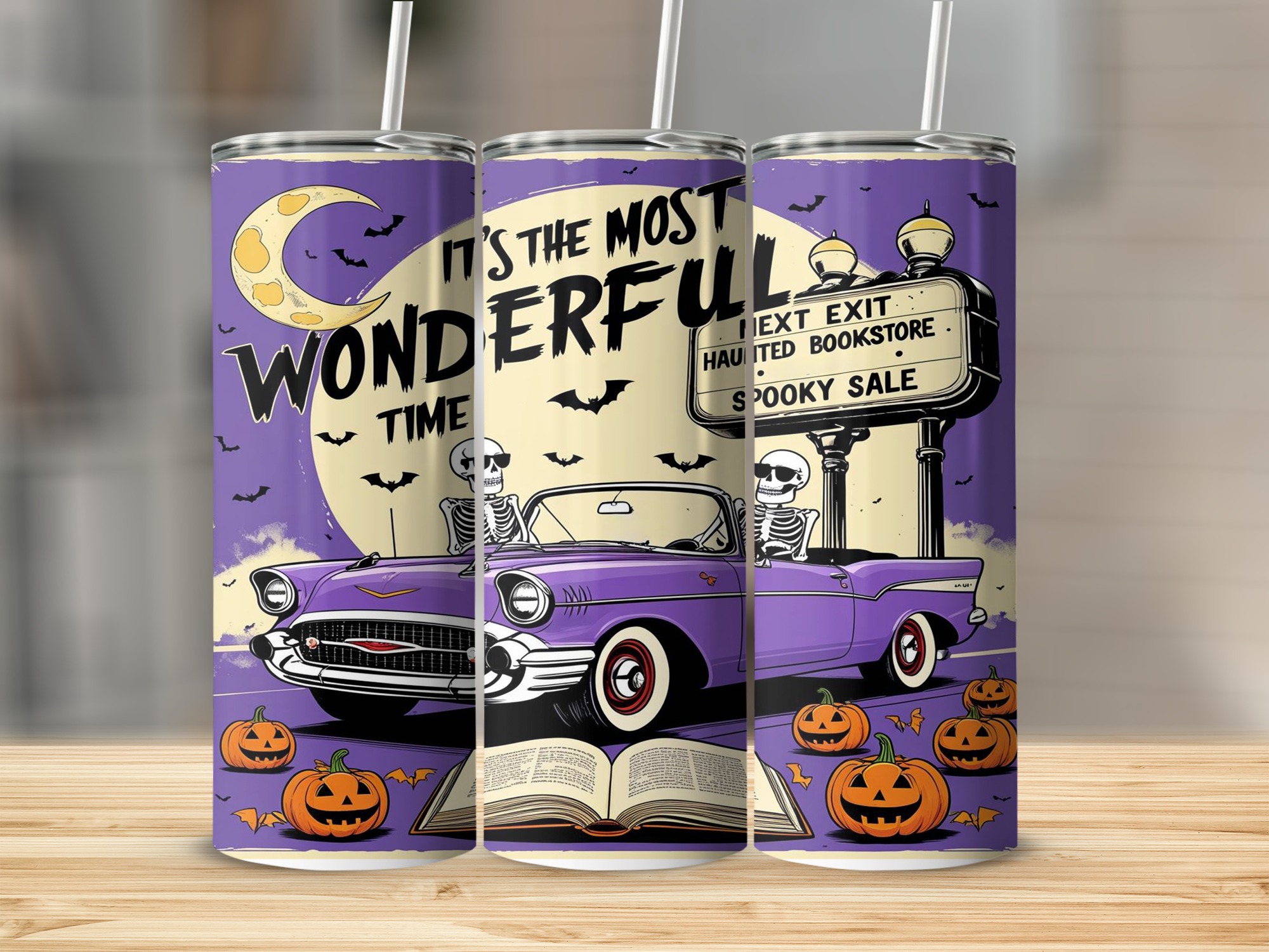 Halloween Tumbler Wrap Digital Download, Skeleton Car Sublimation Design, Spooky Season Tumbler, Haunted Book Store, Instant Download PNG