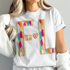 FL Initial T-Shirt, F Heart L Shirt, Comfort Colors 1717, Colorful Gold Outline Tee, Custom Name, Valentine Gift, Personalized Gift