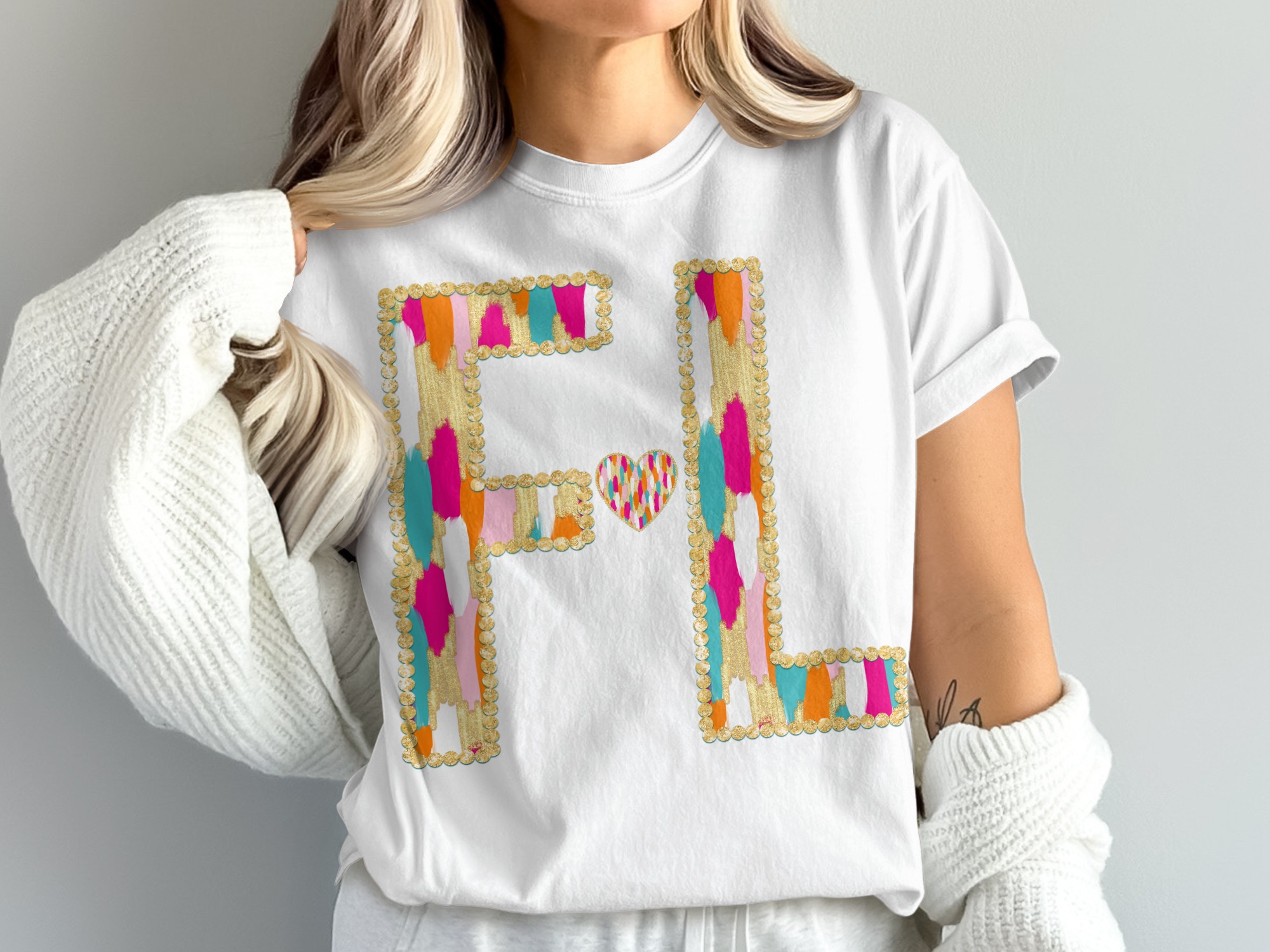 FL Initial T-Shirt, F Heart L Shirt, Comfort Colors 1717, Colorful Gold Outline Tee, Custom Name, Valentine Gift, Personalized Gift