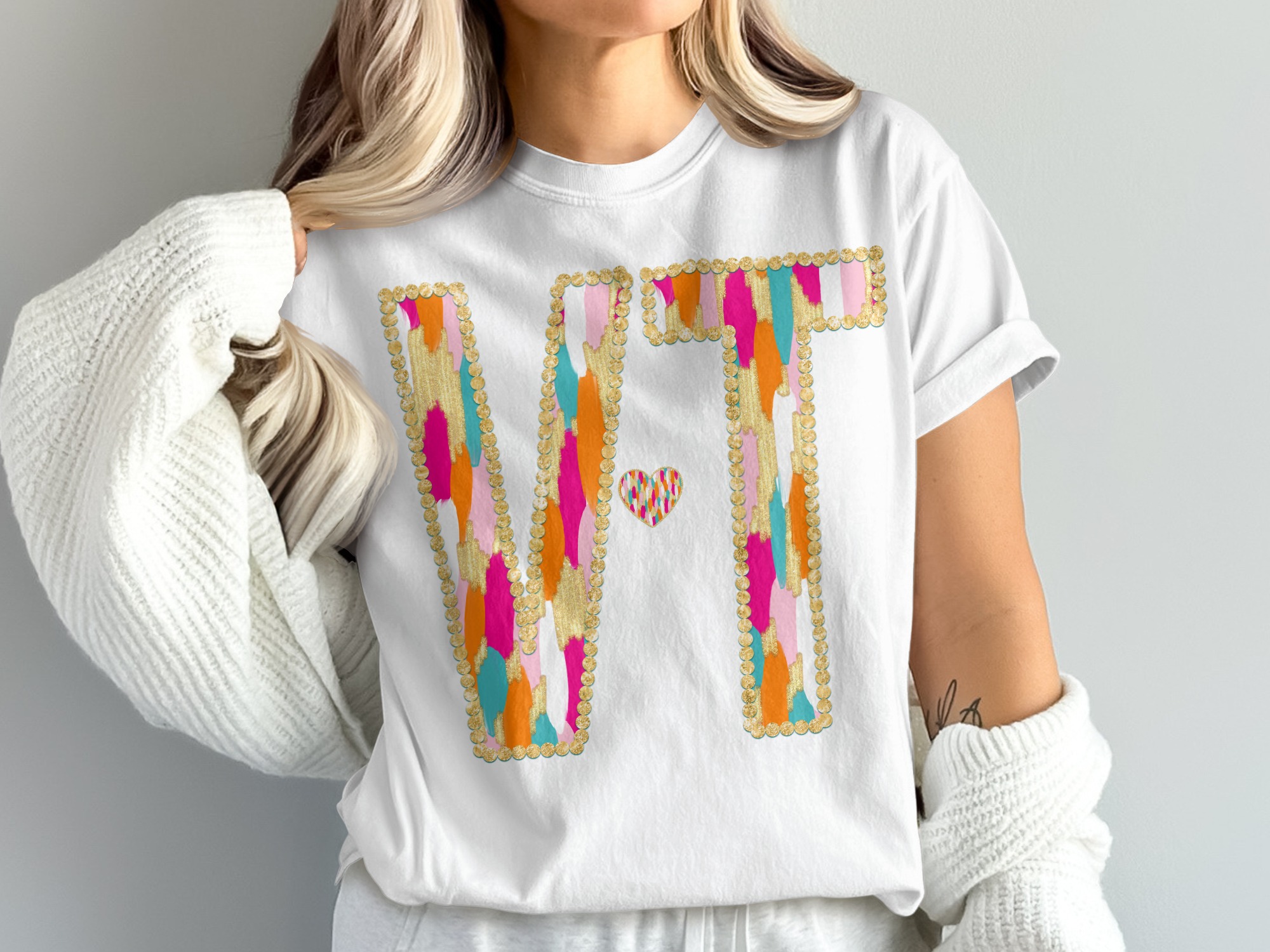 VT Letters T-Shirt, Colorful Letters, Initial T-Shirt, Comfort Colors 1717, Cute Heart, Trendy T-Shirt, Girly T-Shirt, Gift for Her, T-Shirt