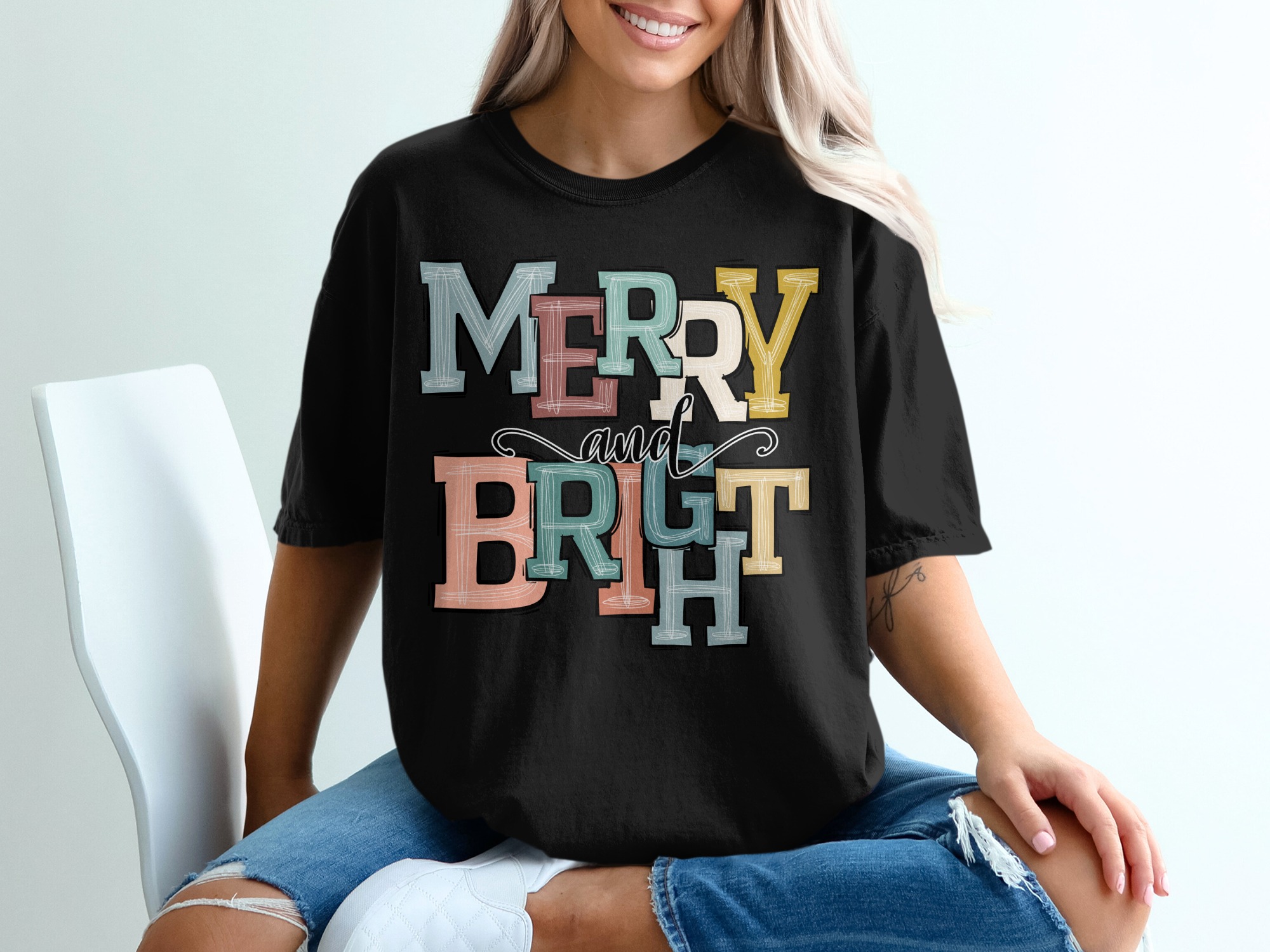 Merry and Bright T-Shirt, Holiday Tee, Festive Shirt, Christmas Gift, Retro Holiday Design, Winter Apparel - Image 2