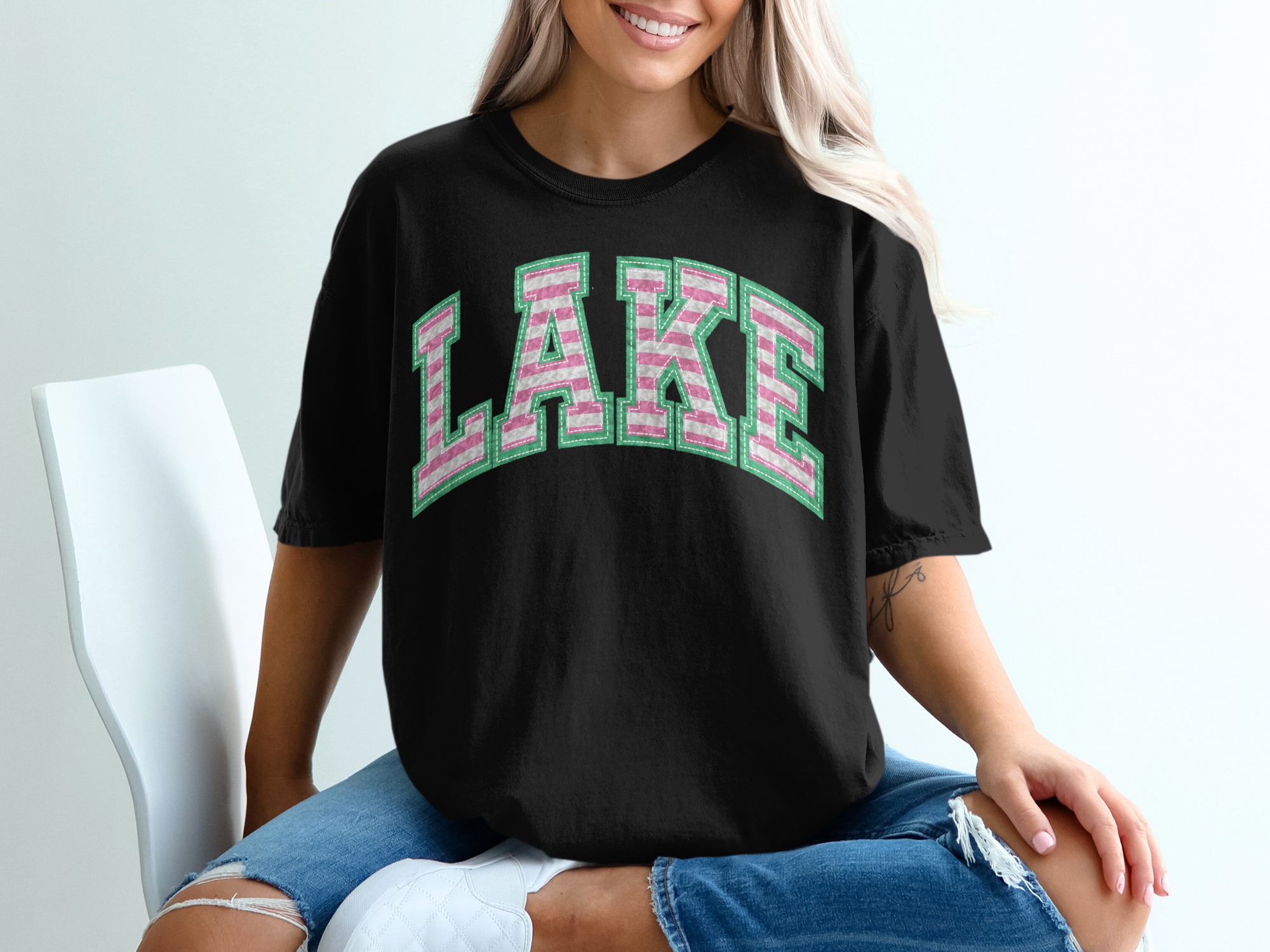 Lake T-Shirt, College Style Tee, Striped Letter Shirt, Outdoors Apparel, Summer Vacation, Lake Lover Gift, Trendy T Shirt - Image 2