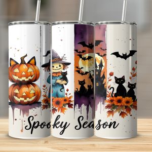Spooky Season 20oz Tumbler Wrap Digital Download, Halloween Sublimation, Pumpkin Scarecrow Cat Tumbler Design, Bat Haunted House