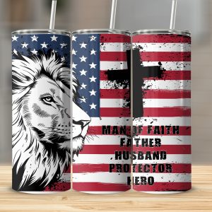 Lion American Flag 20oz Sublimation Digital Download, Man Of Faith Tumbler Design, Father Husband Hero Tumbler Template, Patriotic USA PNG