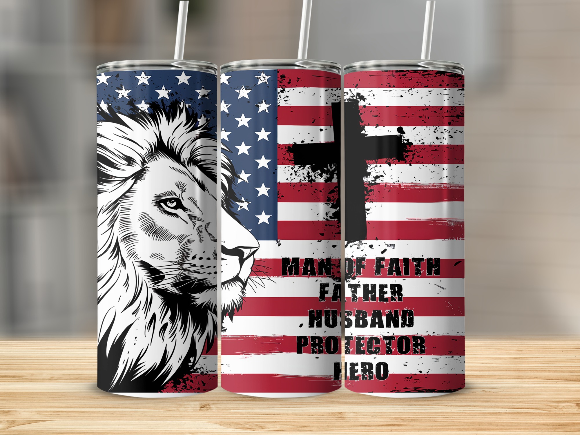 Lion American Flag 20oz Sublimation Digital Download, Man Of Faith Tumbler Design, Father Husband Hero Tumbler Template, Patriotic USA PNG