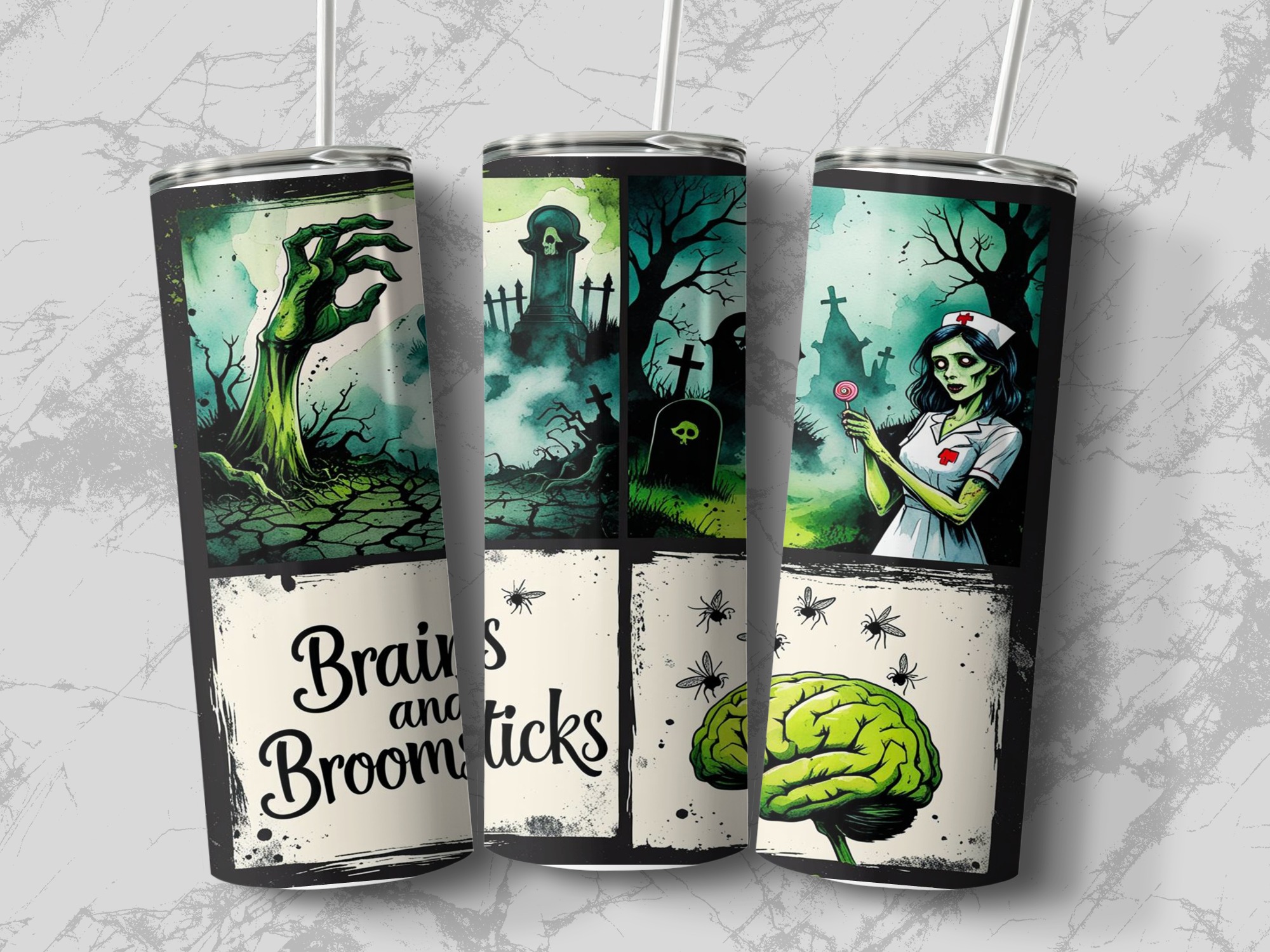 Halloween Digital Sublimation 20oz Tumbler Wrap Download, Zombie Nurse, Brains and Broomsticks, Spooky Season, Tombstone Design - Image 3