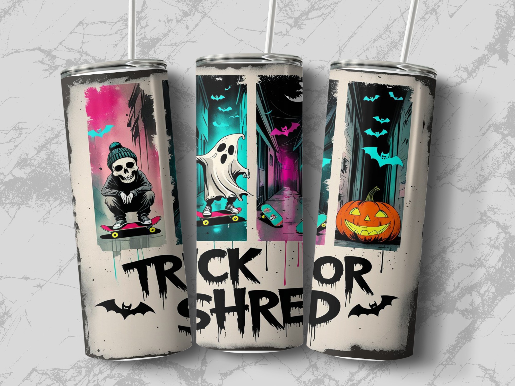 Trick or Shred Tumbler Wrap, Halloween Sublimation Design, Digital Download 20oz Tumbler, Skateboard Ghost Pumpkin, PNG Instant File - Image 3