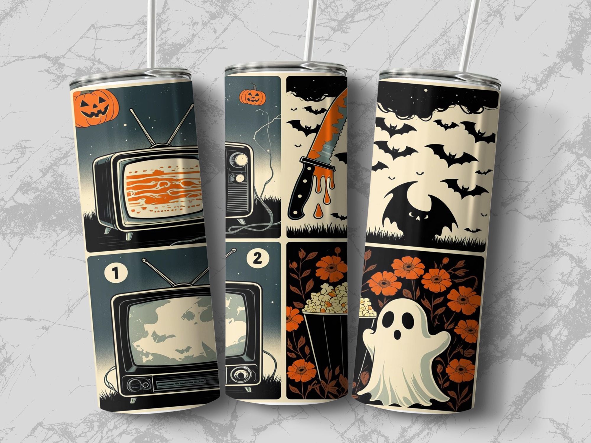 Retro Halloween Digital,Sublimation 20oz Tumbler Wrap Digital Download,Spooky TV Ghost Tumbler,Bats and Knife,Tumbler Design,PNG - Image 3
