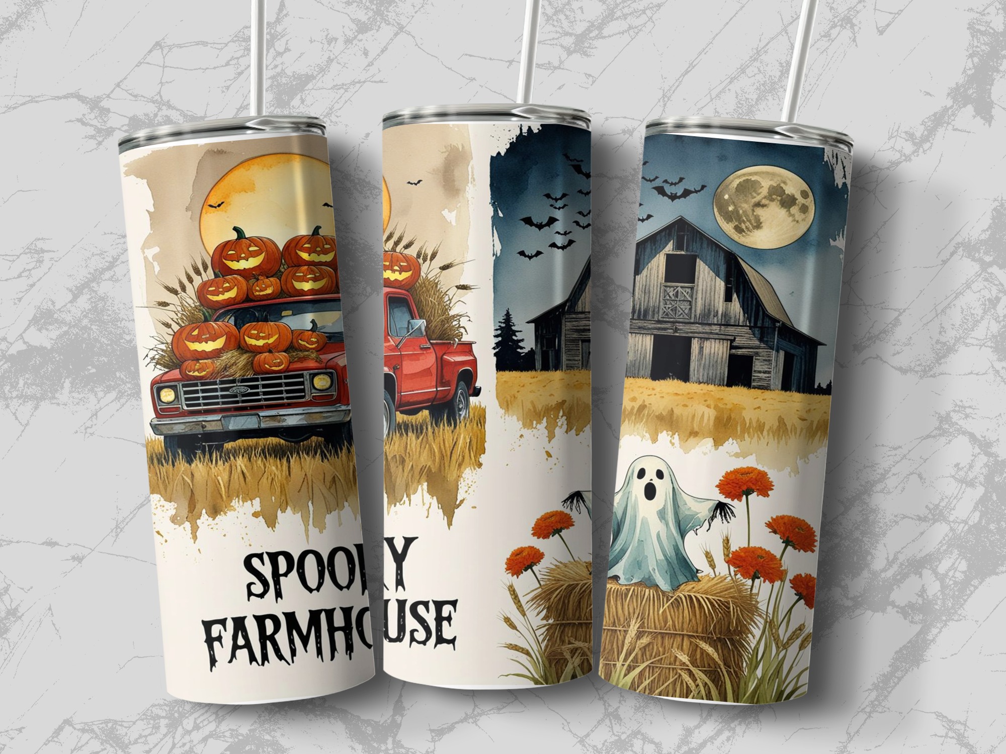 Spooky Farmhouse 20oz Tumbler Wrap, Halloween Digital Download, Pumpkin Truck, Ghost Barn, Sublimation Design, Fall Tumbler Design - Image 3