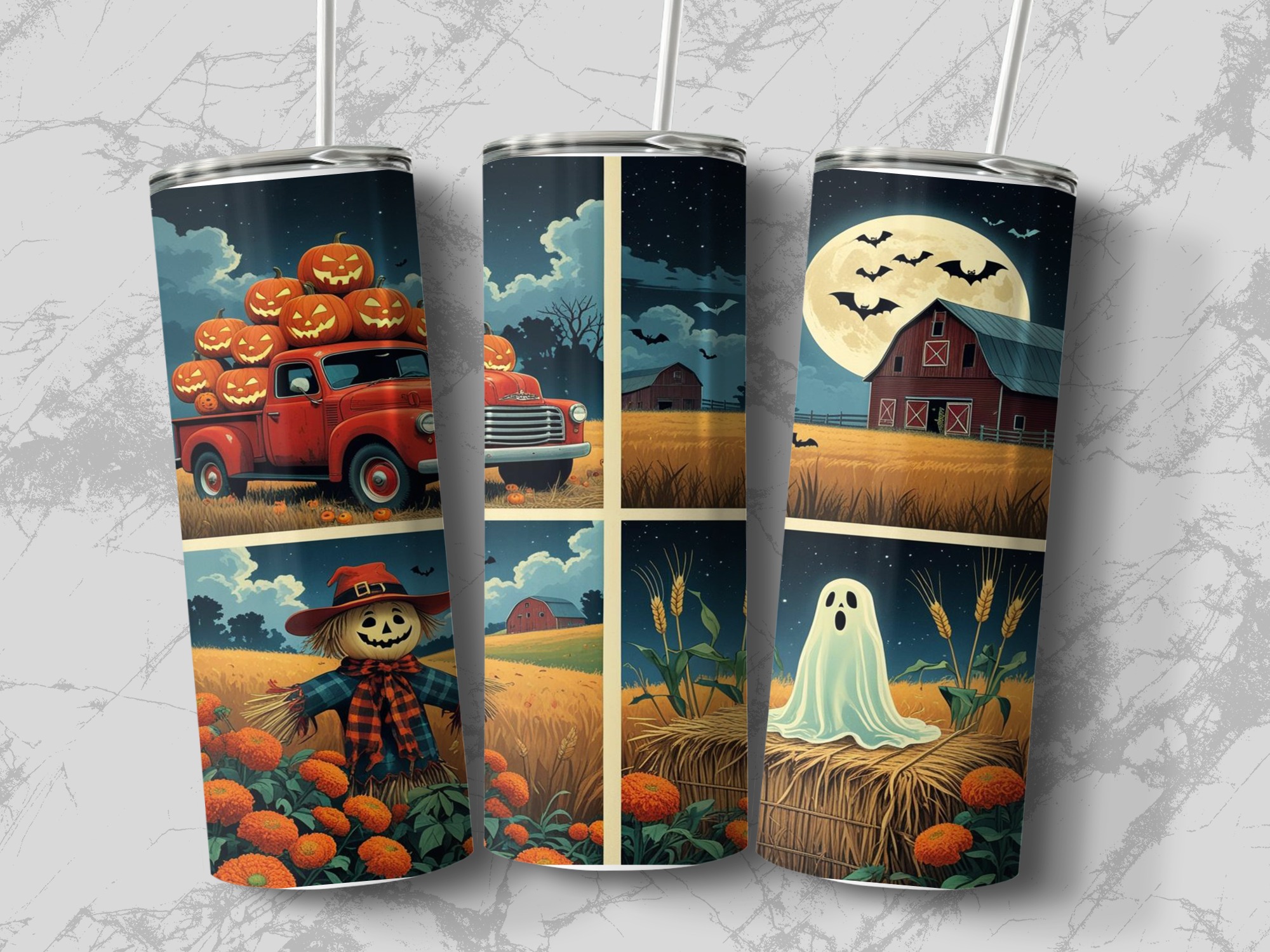 Halloween Tumbler Wrap Digital Download, 20oz Sublimation Design, Fall Truck, Ghost, Scarecrow, Barn, Autumn Nights, Full Wrap PNG - Image 3