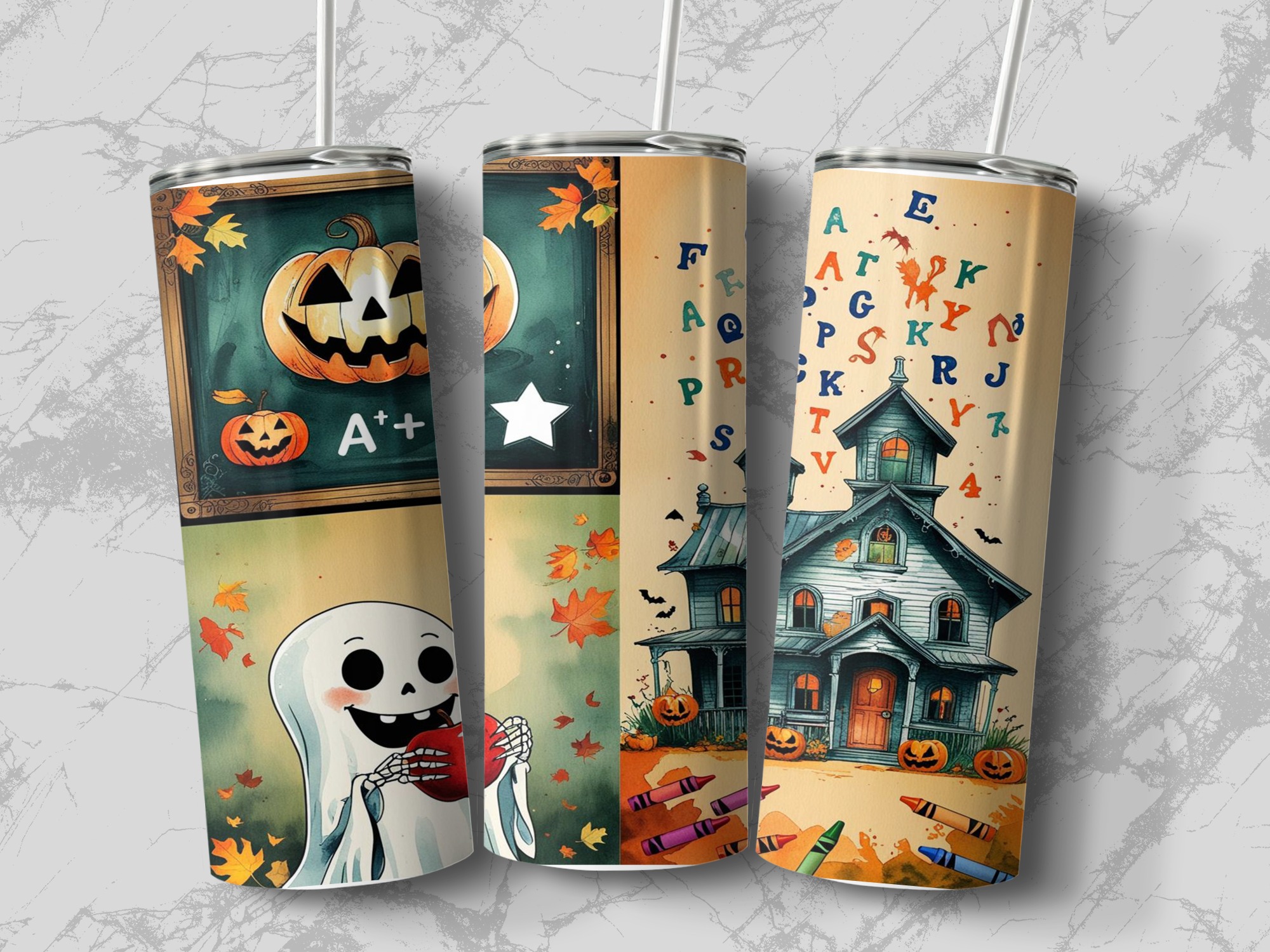 Halloween School 20oz Tumbler Wrap Digital Download, Sublimation Design, Ghost, Pumpkin, Haunted House, Teacher Tumbler Design - Image 3