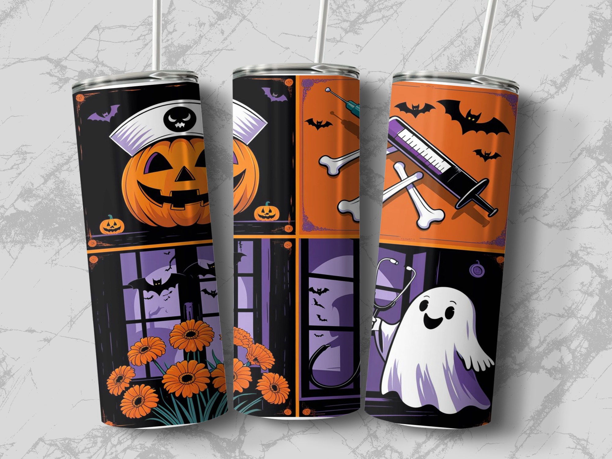 Halloween Nurse Pumpkin 20oz Tumbler Wrap, Digital Download, Spooky Ghost, PNG Sublimation Design, Medical Tumbler Design - Image 3