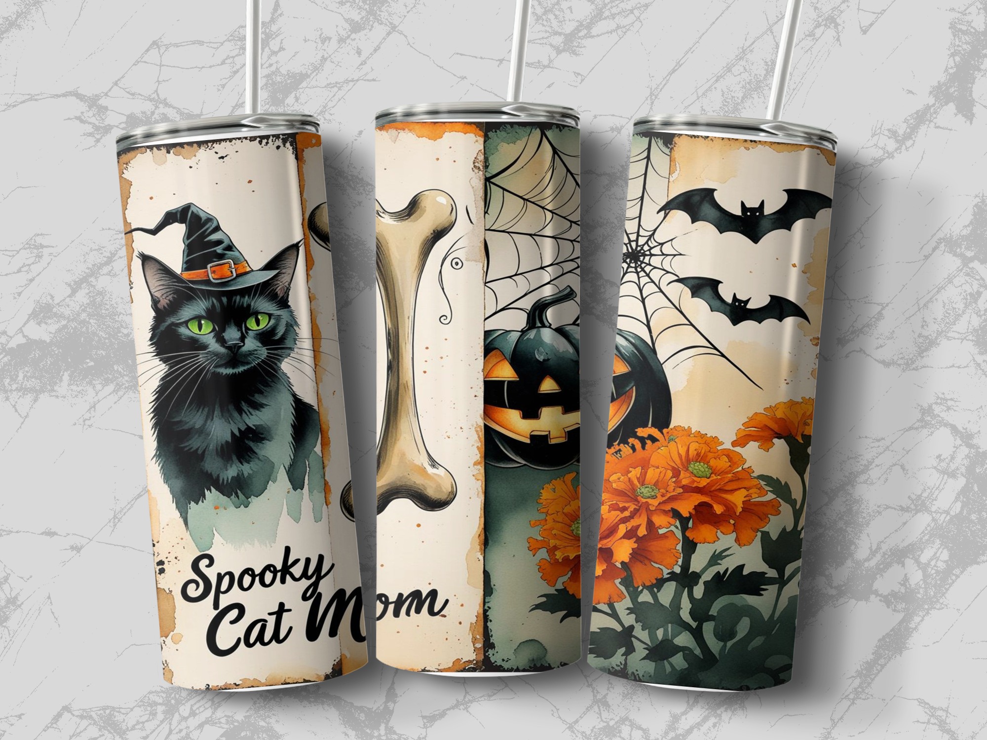 Spooky Cat Mom Digital,Sublimation 20oz Tumbler Wrap, Halloween Cat Tumbler Design, Witch Cat, Pumpkin, Bat,Halloween Tumbler Digital - Image 3