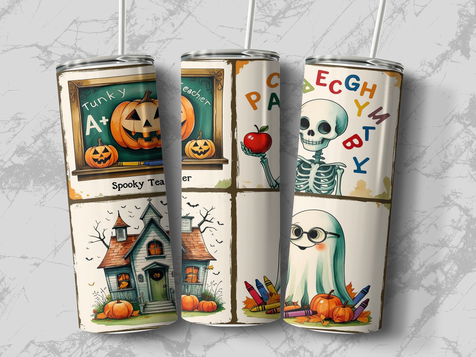 Spooky Teacher 20oz Tumbler Wrap, Halloween Digital Download, Sublimation Design, Cute Ghost Pumpkin Skeleton PNG, Teacher Gift Idea - Image 3