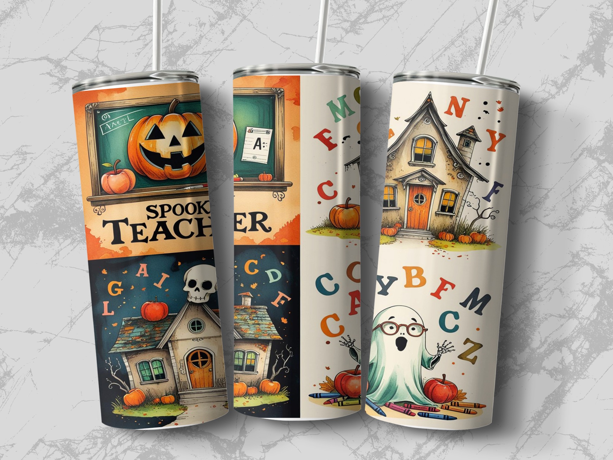 Spooky Teacher 20oz Tumbler Wrap, Halloween Digital Download, Pumpkin, Ghost, School House, Sublimation Design, Teacher Gift, Digital - Image 3