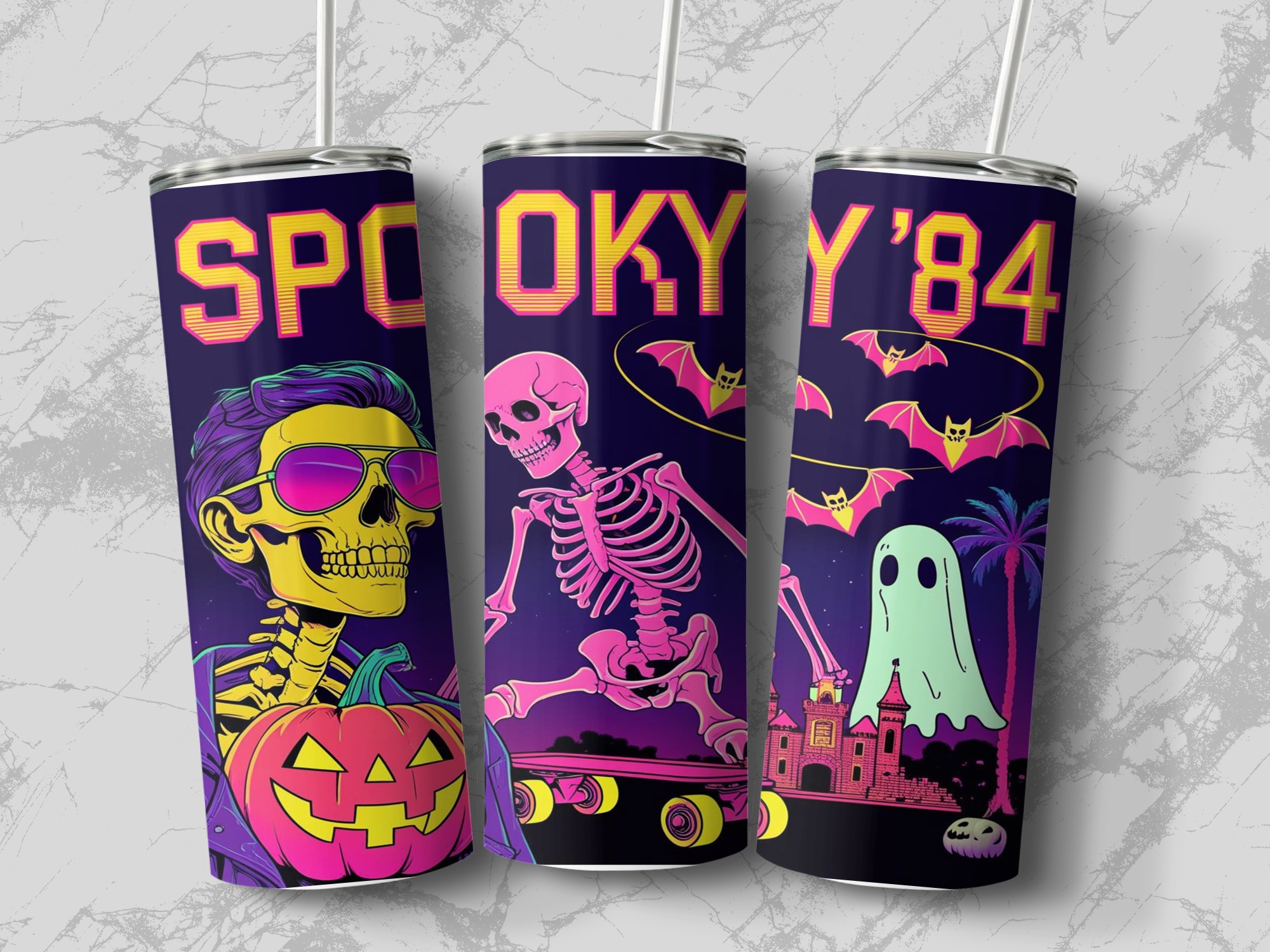 Spooky 84 Tumbler Wrap, 20oz Sublimation Design, Retro Halloween Digital Download, Skeleton Ghost PNG, Tumbler Template Printable - Image 3