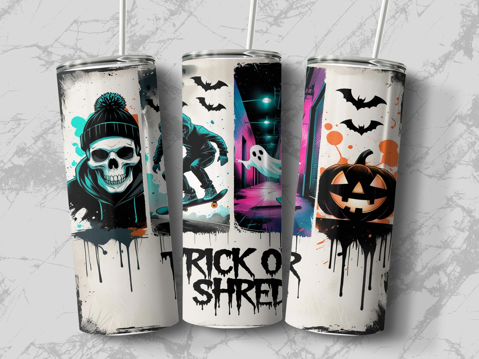 Trick Or Shred, Skull Sublimation 20oz Tumbler Wrap, Halloween Tumbler Design, Skateboard Ghost Tumbler, Digital Download, Funny Wrap - Image 3