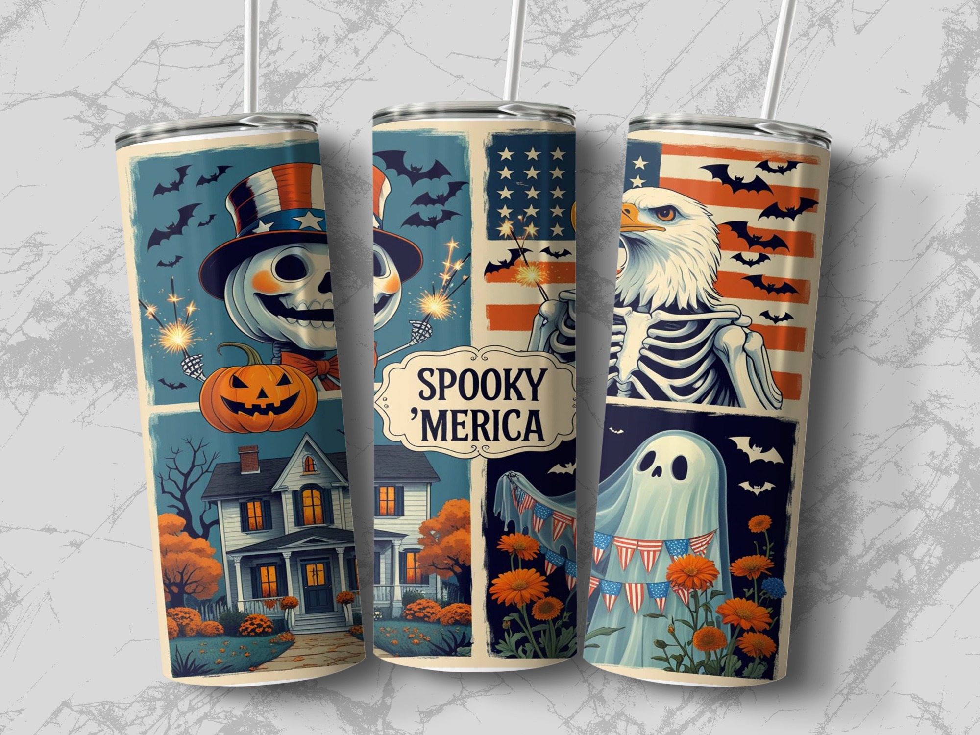 Spooky Merica Digital Download, Sublimation 20oz Tumbler Wrap, Patriotic Halloween Design, American Flag, Eagle Skeleton, Ghost Tumbler - Image 3
