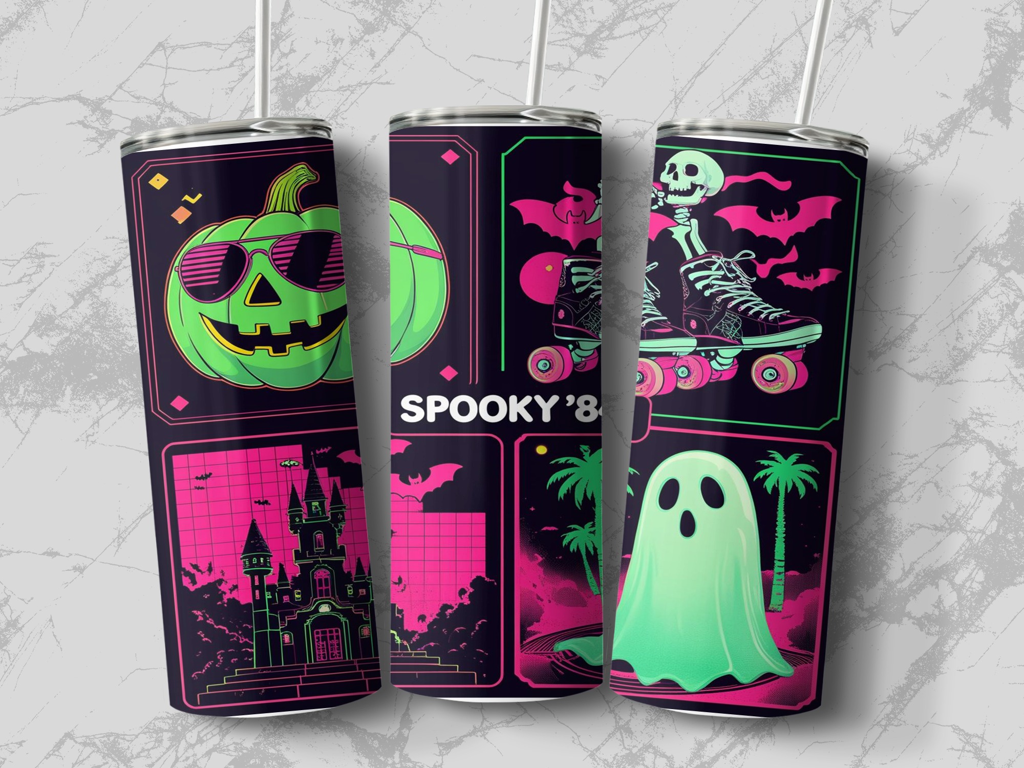Digital Sublimation 20oz Tumbler Wrap, Spooky 80s Design Digital Download, Retro Halloween Tumbler Design, Pumpkin Bat Ghost Tumbler - Image 3
