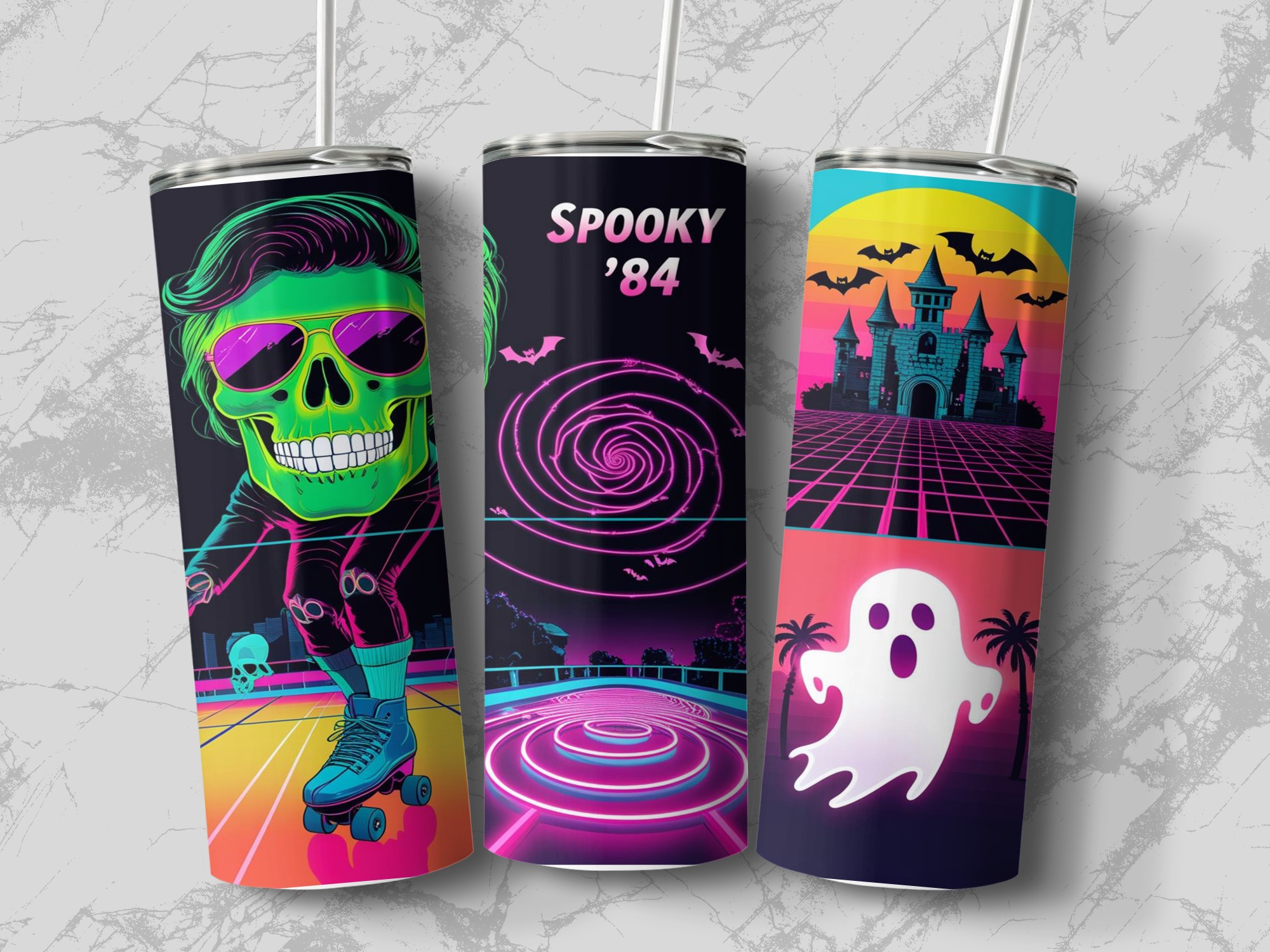 Digital Sublimation 20oz Tumbler Wrap Digital Download, Retro Halloween Tumbler Design, Spooky '84, Roller Skate Skull Ghost Castle - Image 3