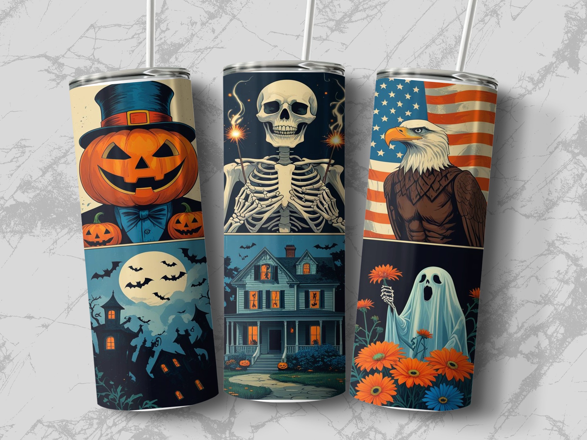 Halloween 20oz Tumbler Wrap,Digital Download,Patriotic Eagle Sublimation Design,Haunted House,Pumpkins,Ghost Tumbler Design,Spooky Skeletons - Image 3