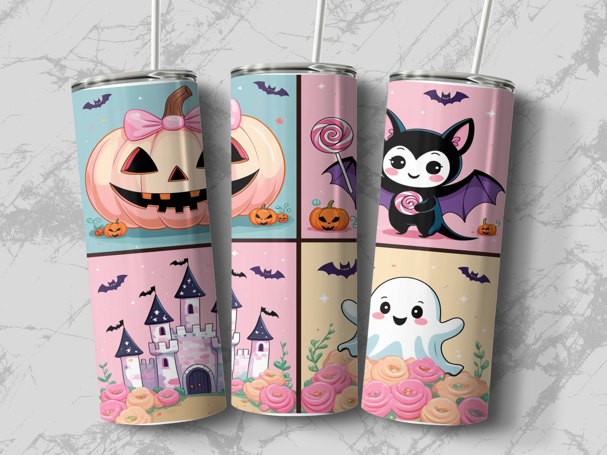 Digital Halloween Tumbler Wrap, Sublimation 20oz, Cute Pumpkin Bat Ghost Castle Tumbler Design, Spooky Season Digital Download - Image 3