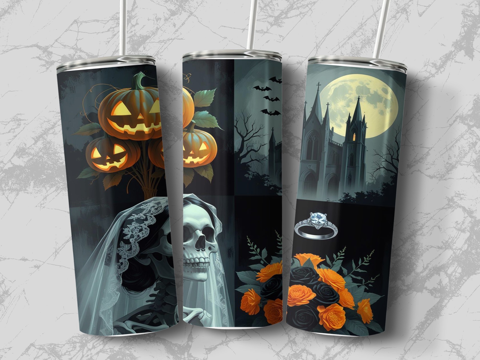 Halloween Bride 20oz Tumbler Wrap, Spooky Digital Download, Pumpkin Church Sublimation Design, Wedding Ring, Skull Printable Art - Image 3