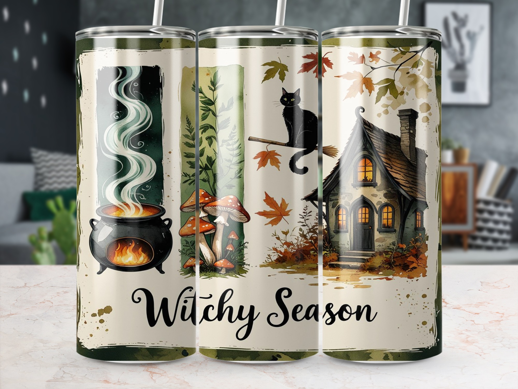 Witchy Season 20oz Tumbler Wrap, Digital Download, Sublimation Design, Cauldron, Black Cat, Witch Cottage, Fall Leaves, Tumbler Design - Image 5