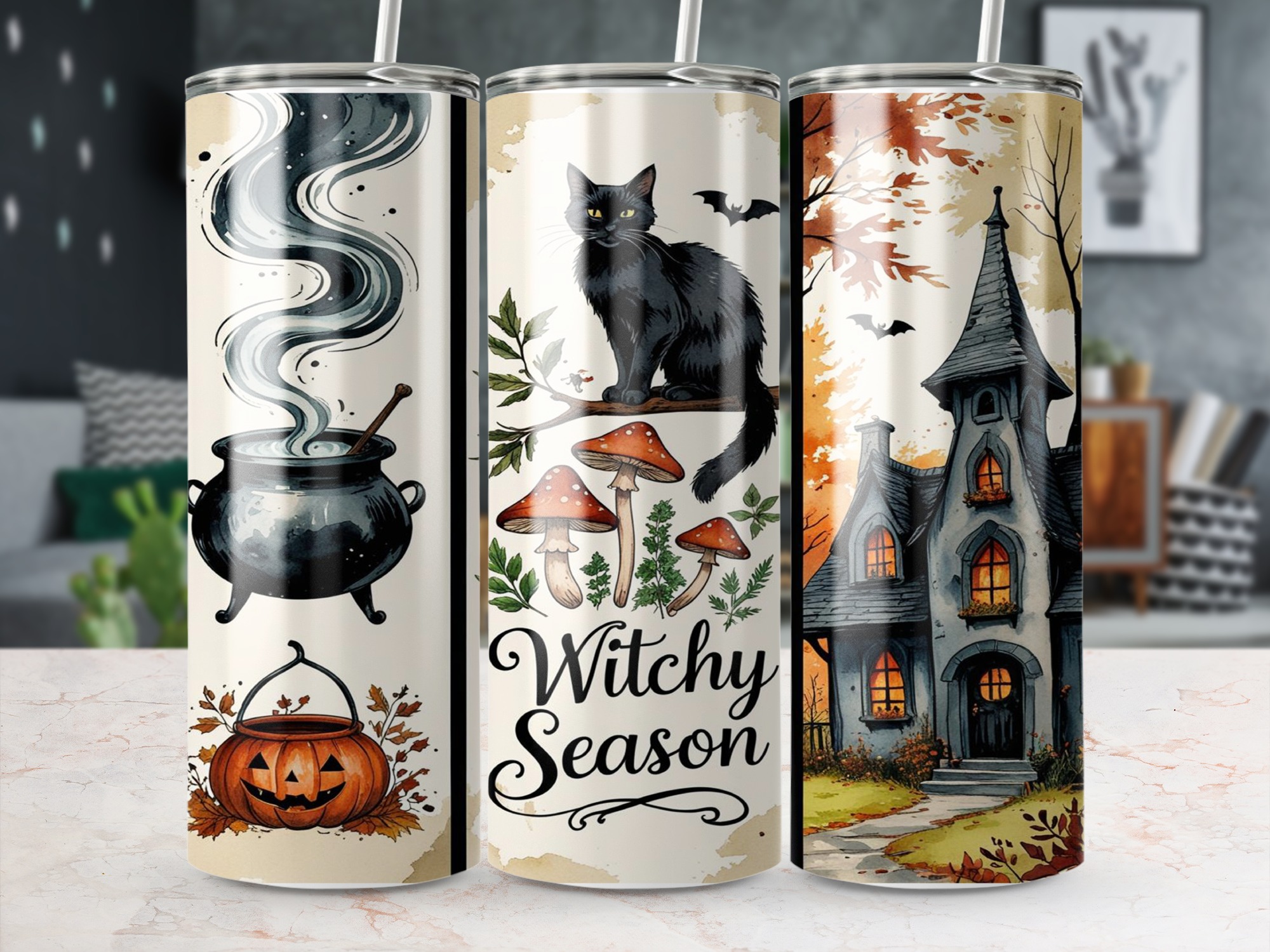 Witchy Season Tumbler Wrap, 20oz Sublimation Design, Halloween Digital Download, Black Cat Cauldron Spooky Season, Fall Tumbler Design - Image 5