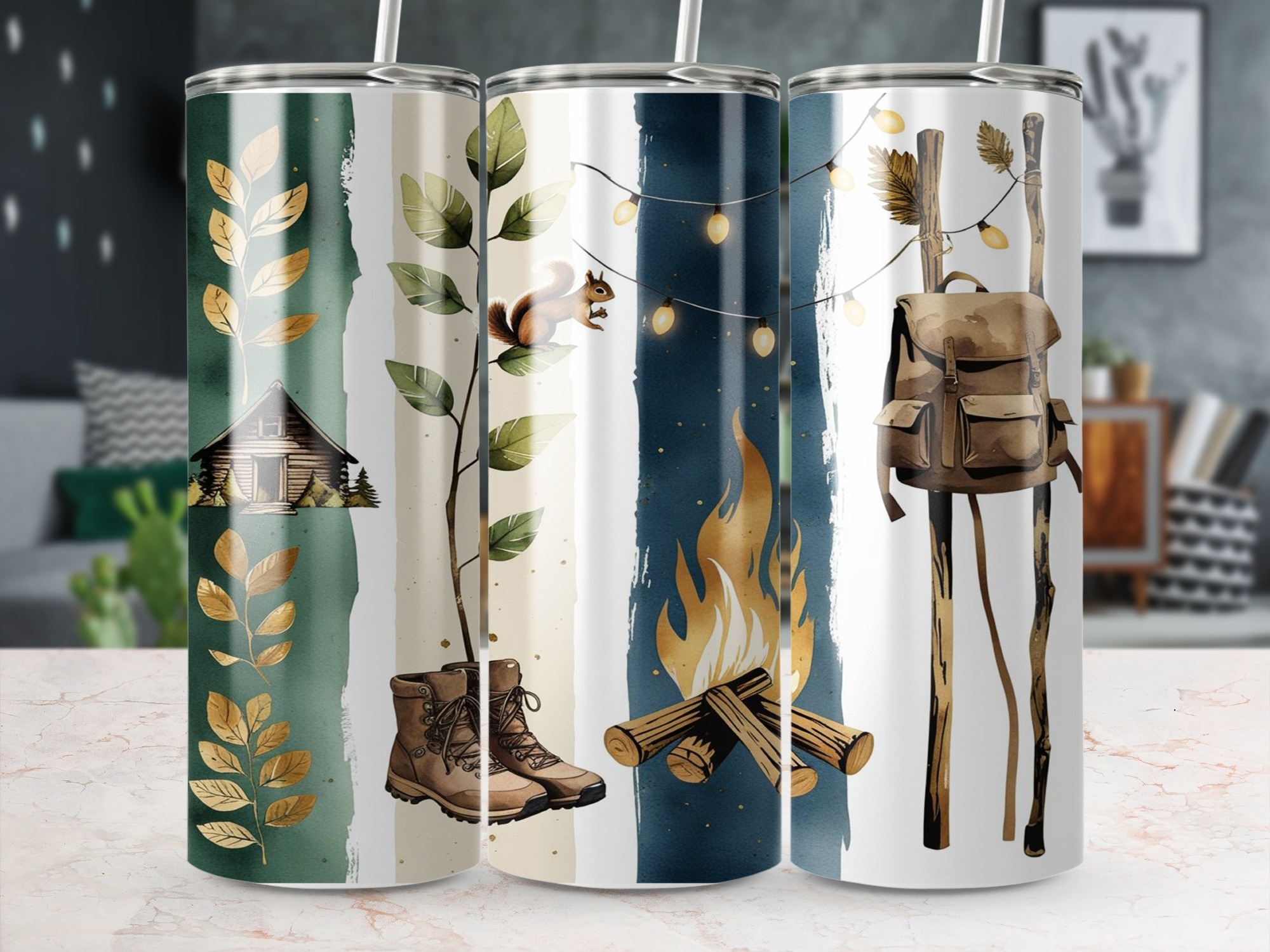 Camping Tumbler Wrap, Cabin, Boots, Squirrel, Fire Digital,Sublimation 20oz Tumbler Wrap Digital Download Design, PNG Template - Image 5