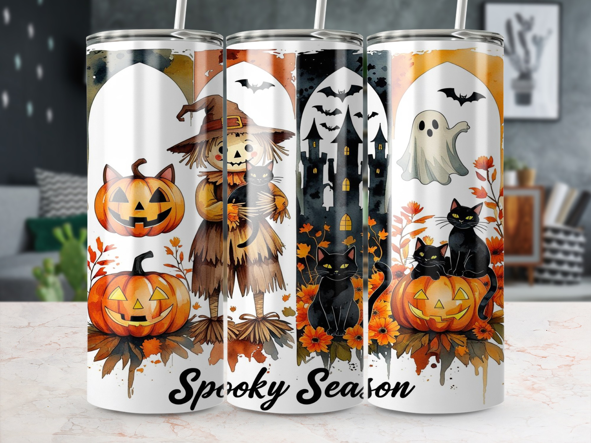 Spooky Season 20oz Tumbler Wrap Digital Download, Halloween Sublimation Design, Pumpkin Scarecrow Ghost Black Cat Tumbler Design - Image 5