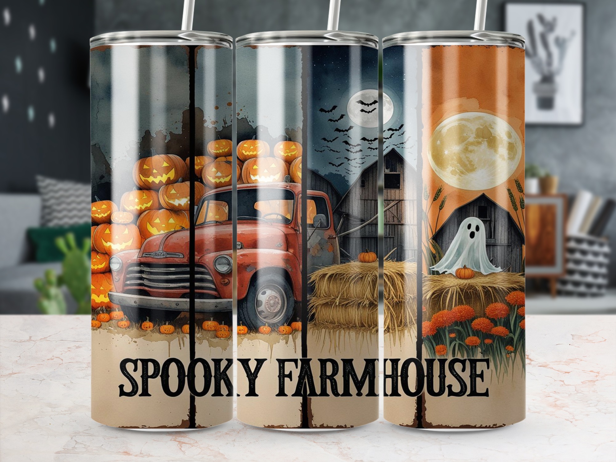 Spooky Farmhouse Tumbler Wrap, Halloween Digital Download, Truck and Pumpkins Sublimation 20oz Tumbler Design, Ghost Full Moon Design - Image 5