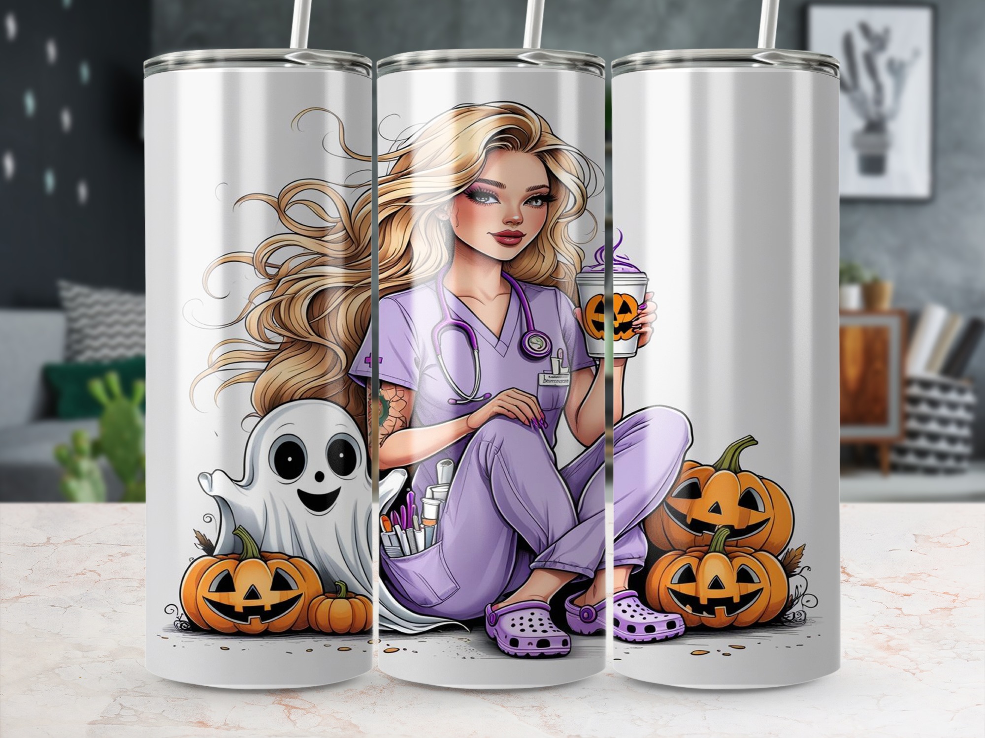 Nurse Halloween Digital Download, 20oz Tumbler Wrap Sublimation Design, Spooky Season Nurse Gift, Ghost Pumpkin Tumbler Design PNG - Image 5