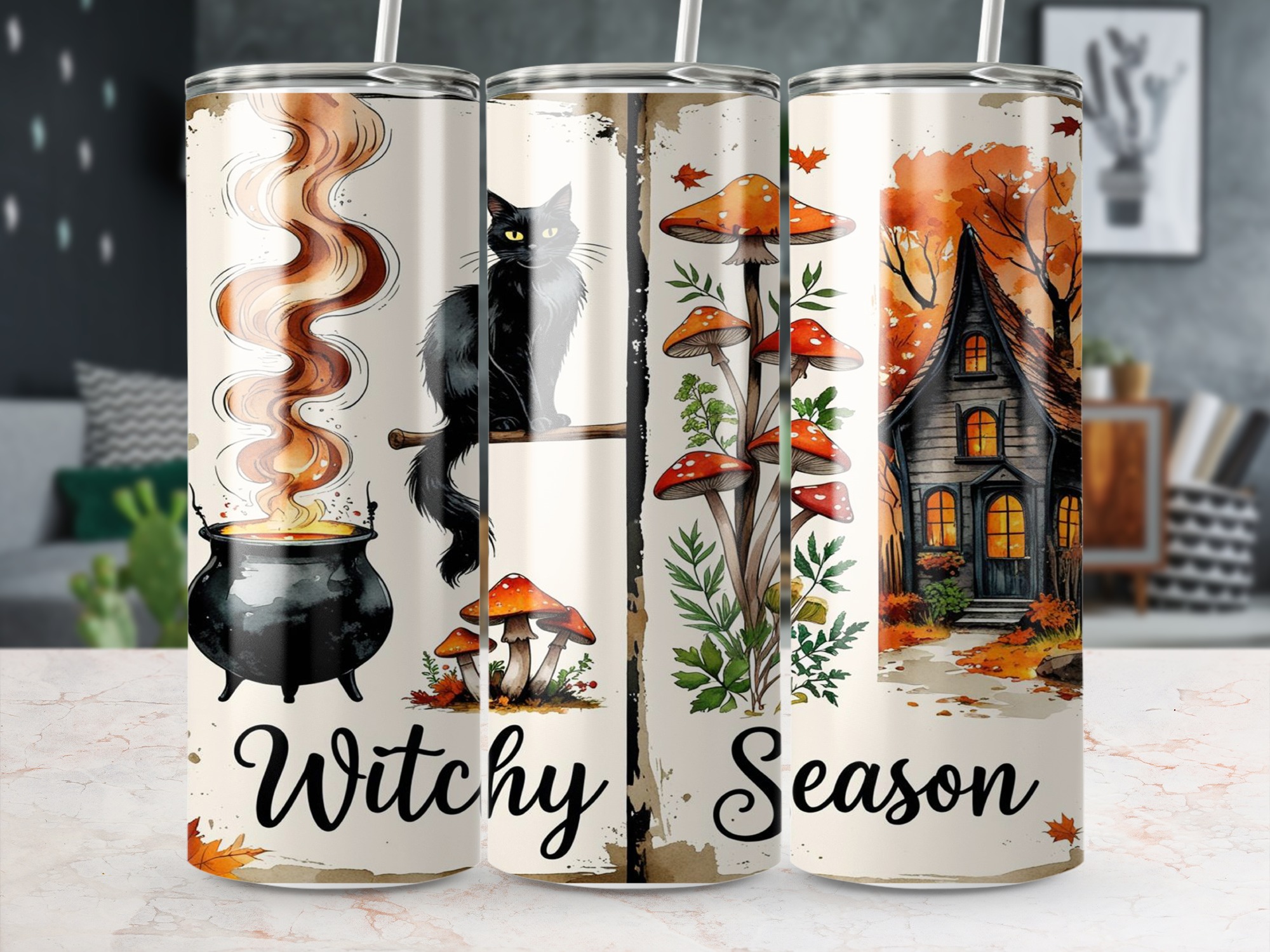 Witchy Season 20oz Tumbler Wrap Digital Download, Halloween Sublimation, Black Cat, Spooky House, Autumn Leaves, Cauldron Design - Image 5