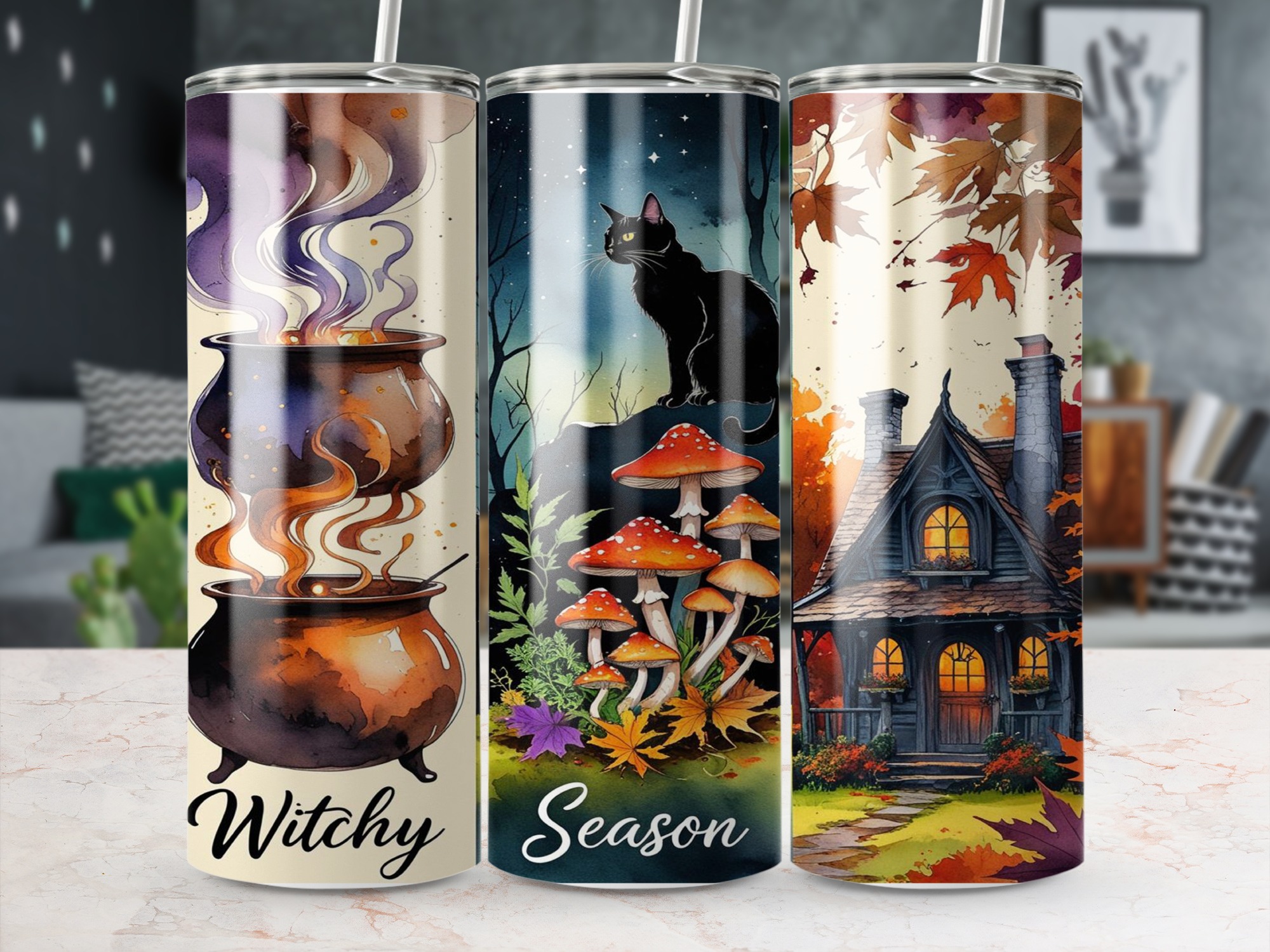 Witchy Season Tumbler Wrap, 20oz Sublimation Design, Halloween Digital Download, Autumn Vibes, Black Cat, Cauldron, Cottage Core, PNG - Image 5