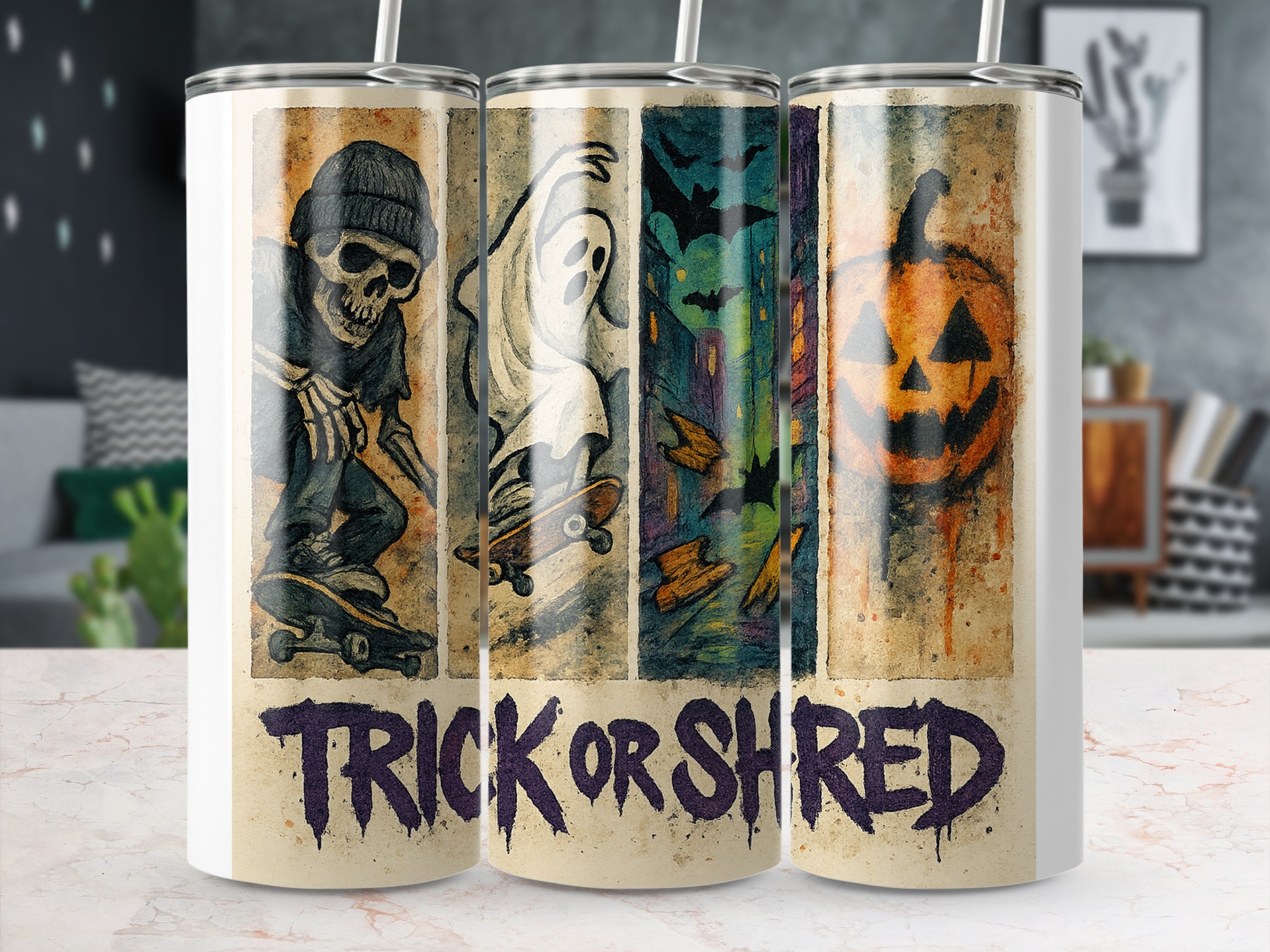 Trick Or Shred Tumbler Wrap, Halloween Digital Download, Sublimation 20oz Tumbler Design, Skateboard Skeleton, Ghost, Pumpkin - Image 5